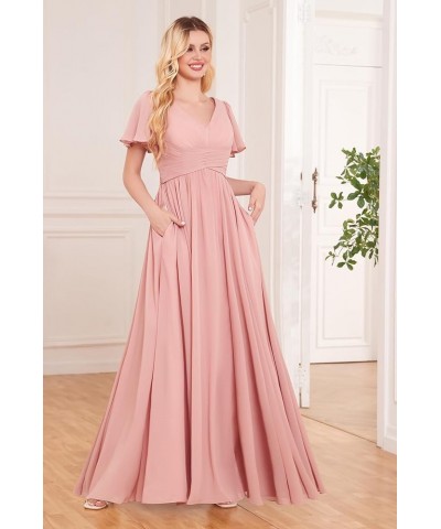 Women's Ruffle Sleeve Bridesmaid Dresses Long Slit Ruched Chiffon Evening Formal Dresses with Pockets Mint Green $32.44 Dresses