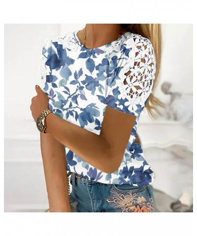 Summer Shirts for Women 2023 Trendy Lace Crochet Short Sleeve Blouses Ladies Cute Floral Print Elegant Western Tops Q01★blue ...