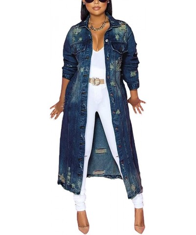 Women's Spring Fashion Ripped Holes Maxi Long Denim Jacket Trench Coat Dark Blue $28.36 Jackets