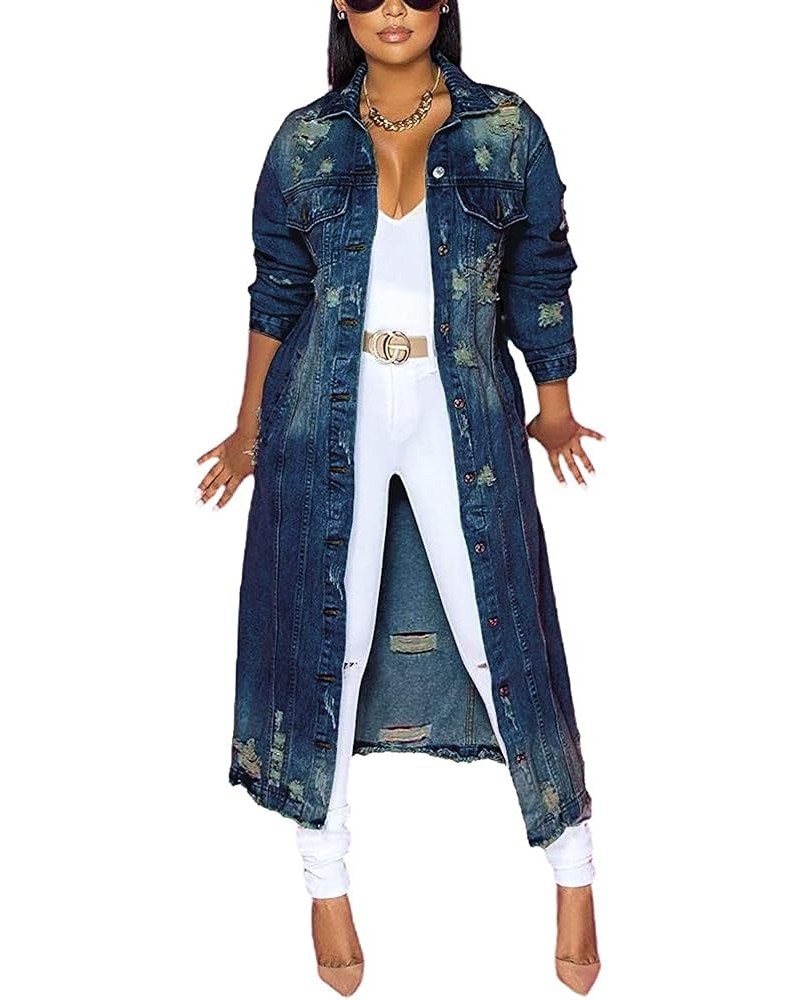 Women's Spring Fashion Ripped Holes Maxi Long Denim Jacket Trench Coat Dark Blue $28.36 Jackets