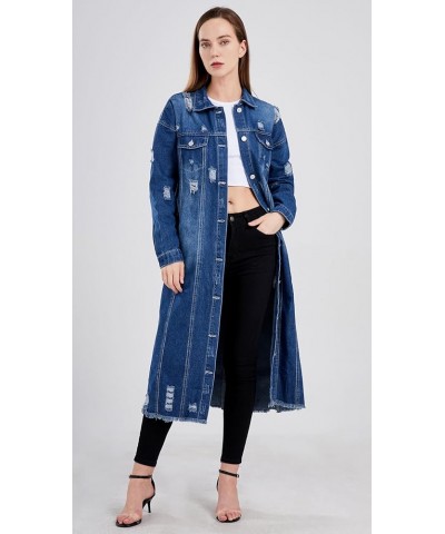 Women's Spring Fashion Ripped Holes Maxi Long Denim Jacket Trench Coat Dark Blue $28.36 Jackets