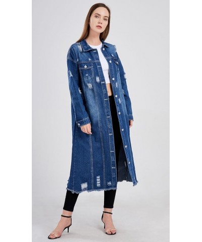 Women's Spring Fashion Ripped Holes Maxi Long Denim Jacket Trench Coat Dark Blue $28.36 Jackets