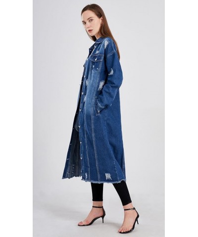 Women's Spring Fashion Ripped Holes Maxi Long Denim Jacket Trench Coat Dark Blue $28.36 Jackets