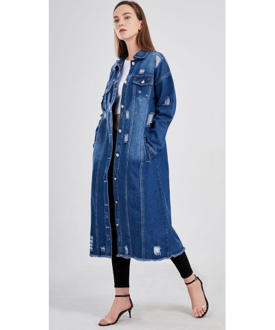 Women's Spring Fashion Ripped Holes Maxi Long Denim Jacket Trench Coat Dark Blue $28.36 Jackets