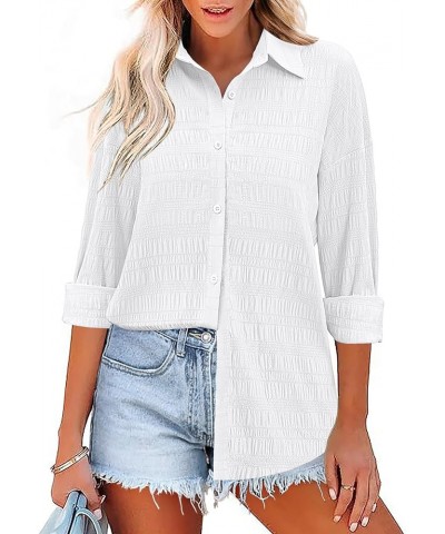 Oversized Women Button Down Shirt Lightweight Square Textured Long Sleeve Blouse Drop Shoulder Tunic Tops S-XXL White $10.75 ...