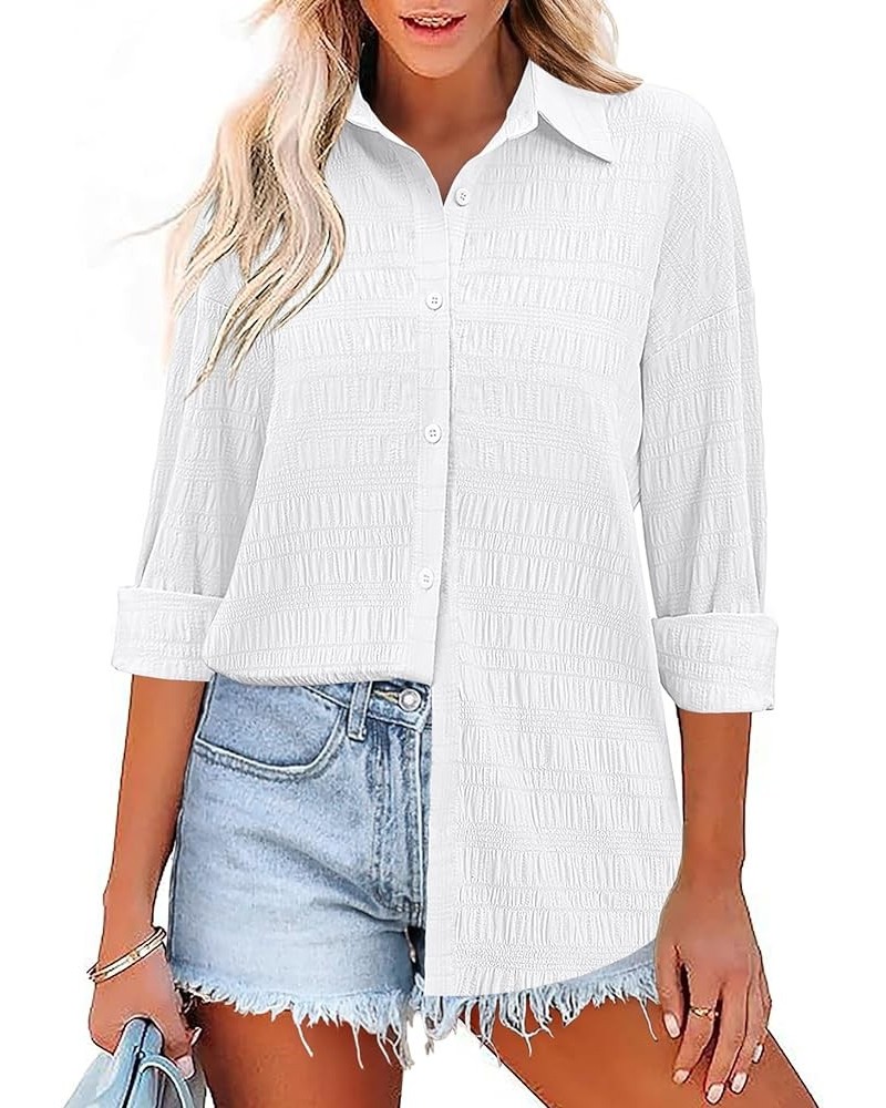 Oversized Women Button Down Shirt Lightweight Square Textured Long Sleeve Blouse Drop Shoulder Tunic Tops S-XXL White $10.75 ...