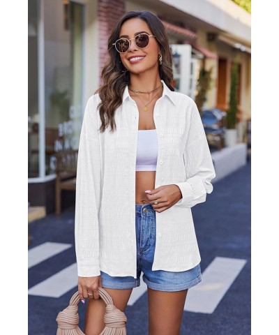 Oversized Women Button Down Shirt Lightweight Square Textured Long Sleeve Blouse Drop Shoulder Tunic Tops S-XXL White $10.75 ...