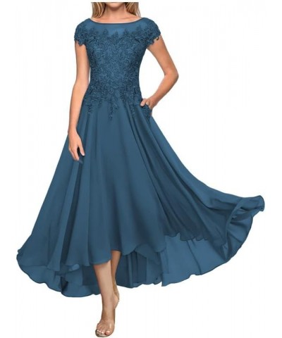 Mother of The Bride Dresses Lace Tea Length Wedding Guest Dress Long Chiffon Mother of The Groom Dresses with Pockets Peacock...