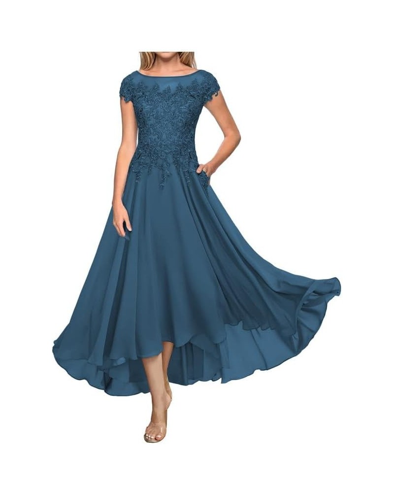 Mother of The Bride Dresses Lace Tea Length Wedding Guest Dress Long Chiffon Mother of The Groom Dresses with Pockets Peacock...