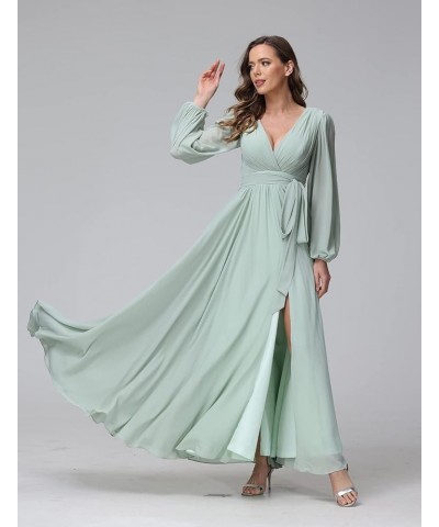 Long Sleeve Chiffon Spilt Bridesmaid Dresses V-Neck Pleated Formal Evening Gowns with Belt CYM042 Pink $35.74 Dresses