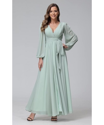 Long Sleeve Chiffon Spilt Bridesmaid Dresses V-Neck Pleated Formal Evening Gowns with Belt CYM042 Pink $35.74 Dresses