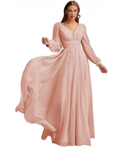 Long V-Neck Chiffon Bridesmaid Dresses with Pockets Long Sleeves Formal Dresses A-line Pleated Party Dress Dusty Rose $26.46 ...