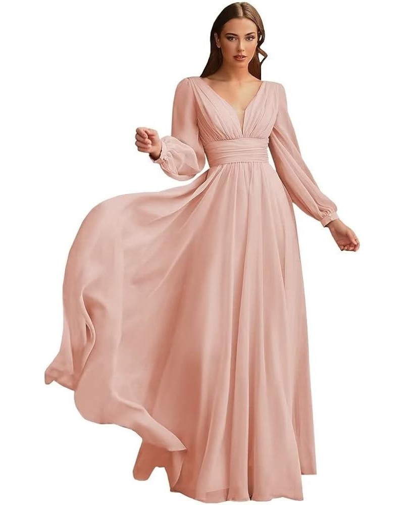 Long V-Neck Chiffon Bridesmaid Dresses with Pockets Long Sleeves Formal Dresses A-line Pleated Party Dress Dusty Rose $26.46 ...