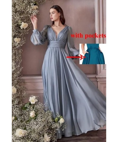 Long V-Neck Chiffon Bridesmaid Dresses with Pockets Long Sleeves Formal Dresses A-line Pleated Party Dress Dusty Rose $26.46 ...