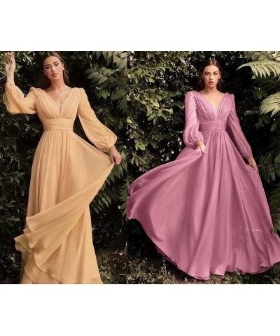 Long V-Neck Chiffon Bridesmaid Dresses with Pockets Long Sleeves Formal Dresses A-line Pleated Party Dress Dusty Rose $26.46 ...