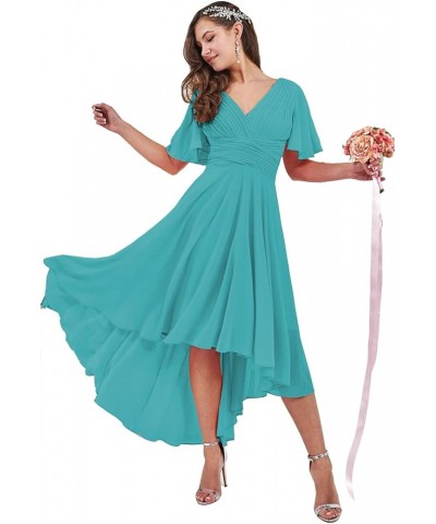 High Low Bridesmaid Dresses for Women 2024 V Neck Short Sleeves Flutter Formal Party Dress with Pockets NB216 Aqua Blue $23.1...