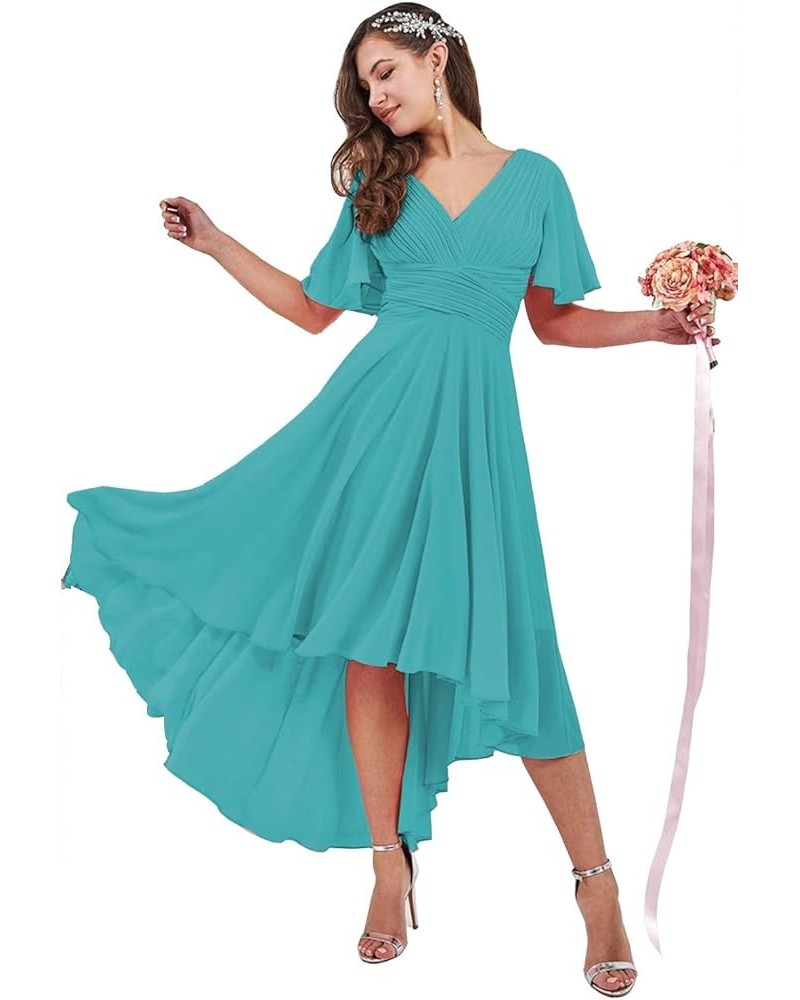 High Low Bridesmaid Dresses for Women 2024 V Neck Short Sleeves Flutter Formal Party Dress with Pockets NB216 Aqua Blue $23.1...