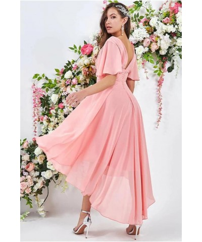 High Low Bridesmaid Dresses for Women 2024 V Neck Short Sleeves Flutter Formal Party Dress with Pockets NB216 Aqua Blue $23.1...