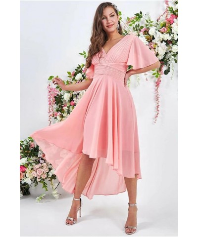 High Low Bridesmaid Dresses for Women 2024 V Neck Short Sleeves Flutter Formal Party Dress with Pockets NB216 Aqua Blue $23.1...