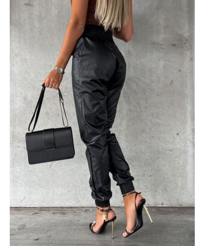 Women's Smocked Waist Tapered Leg Pu Faux Leather Jogger Pants with Pockets Black $16.79 Leggings