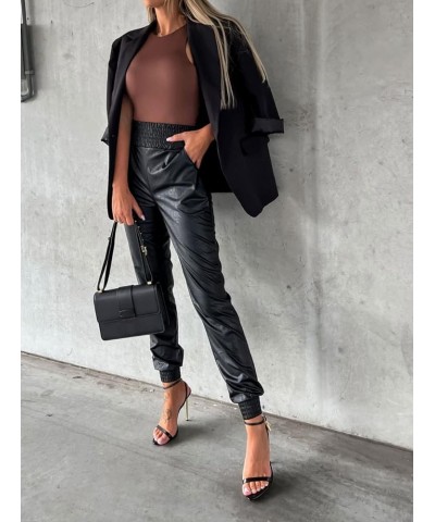 Women's Smocked Waist Tapered Leg Pu Faux Leather Jogger Pants with Pockets Black $16.79 Leggings