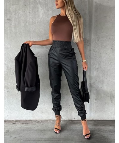 Women's Smocked Waist Tapered Leg Pu Faux Leather Jogger Pants with Pockets Black $16.79 Leggings