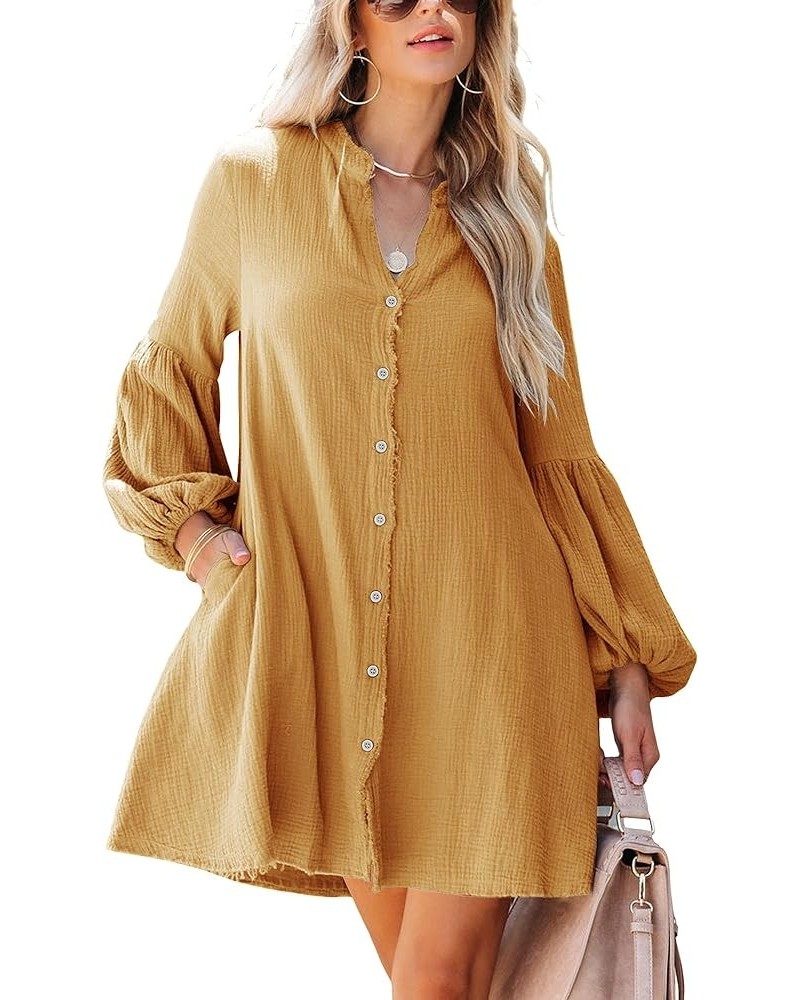 Women's Fall Cotton Button Down Dresses Causal Long Sleeve V Neck Tunic Dress with Pockets Yellow $12.18 Dresses