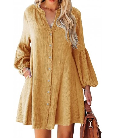 Women's Fall Cotton Button Down Dresses Causal Long Sleeve V Neck Tunic Dress with Pockets Yellow $12.18 Dresses