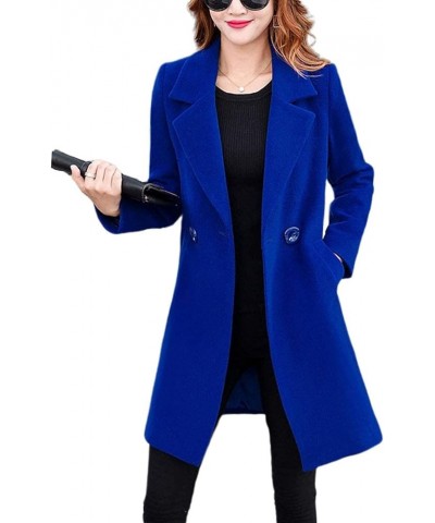 Women's Long Sleeve Slim Fit Warm Winter Wool Blend Pea Coat Overcoat Royal Blue $21.15 Coats