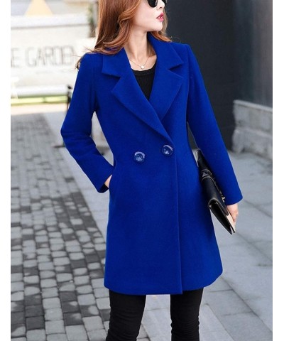 Women's Long Sleeve Slim Fit Warm Winter Wool Blend Pea Coat Overcoat Royal Blue $21.15 Coats