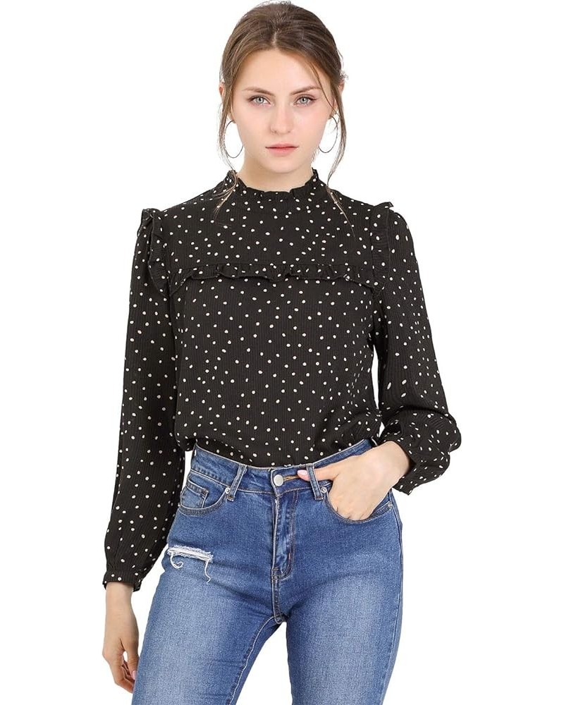 Women's Fall Fashion Long Sleeve Mock Neck Ruffle Polka Dots Blouse Tops Black $15.26 Blouses