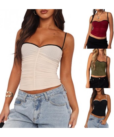 Women Y2K Sheer Mesh Camisole Lace Low Cut Ruched Tank Top See Through Slim Fit Crop Cami Sexy Going Out Top K-black Pleated ...