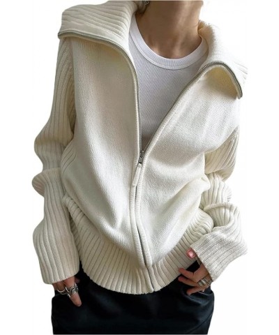 Women Y2k Zip Up Cropped Hoodies Vintage Solid Knit Hoodie Sweater Casual Drawstring Y2K Sweatshirt Jacket Lapel White $12.87...