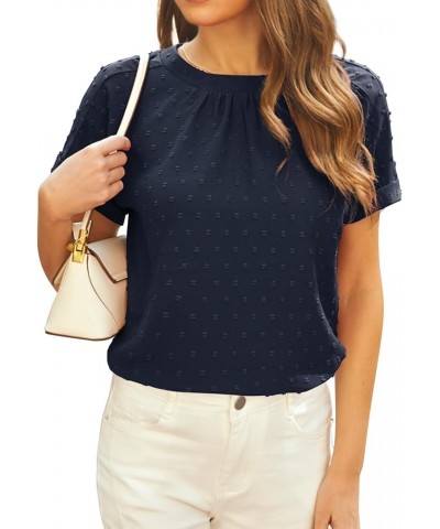 Women's Work Tops Business Casual Round Neck Short Sleeve Swiss Dots Blouses Shirts 13navy Blue $13.71 Blouses