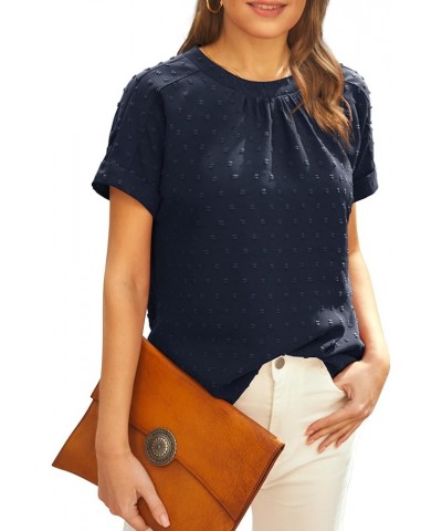 Women's Work Tops Business Casual Round Neck Short Sleeve Swiss Dots Blouses Shirts 13navy Blue $13.71 Blouses