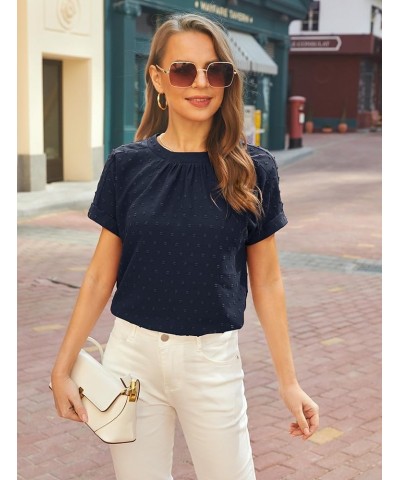 Women's Work Tops Business Casual Round Neck Short Sleeve Swiss Dots Blouses Shirts 13navy Blue $13.71 Blouses