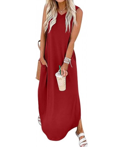 Women's Summer Maxi Dresses V Neck Sleeveless Beach Casual Loose Long Split Dress with Pocket Burgundy $17.50 Dresses