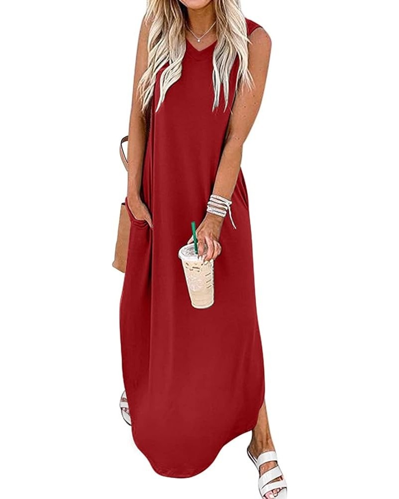 Women's Summer Maxi Dresses V Neck Sleeveless Beach Casual Loose Long Split Dress with Pocket Burgundy $17.50 Dresses