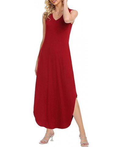 Women's Summer Maxi Dresses V Neck Sleeveless Beach Casual Loose Long Split Dress with Pocket Burgundy $17.50 Dresses