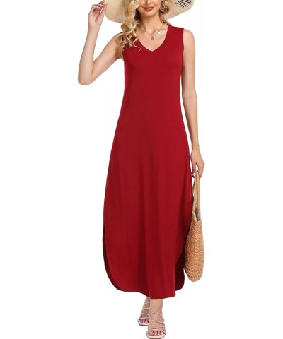 Women's Summer Maxi Dresses V Neck Sleeveless Beach Casual Loose Long Split Dress with Pocket Burgundy $17.50 Dresses