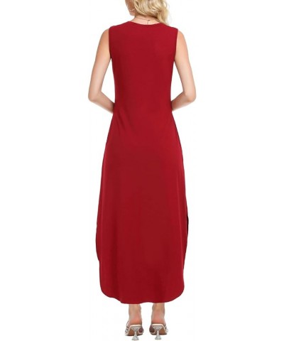 Women's Summer Maxi Dresses V Neck Sleeveless Beach Casual Loose Long Split Dress with Pocket Burgundy $17.50 Dresses