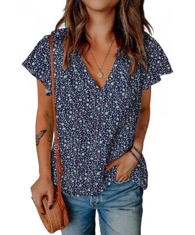 Women's Boho Tops Floral V Neck Short Sleeve Summer Blouse Shirts S-floral Navy $14.99 Blouses