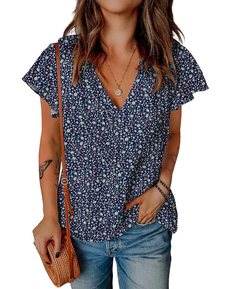 Women's Boho Tops Floral V Neck Short Sleeve Summer Blouse Shirts S-floral Navy $14.99 Blouses