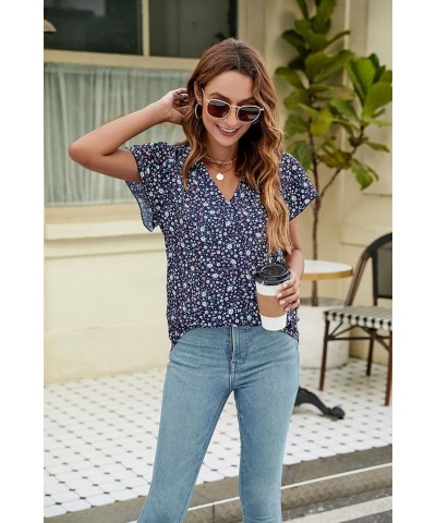 Women's Boho Tops Floral V Neck Short Sleeve Summer Blouse Shirts S-floral Navy $14.99 Blouses