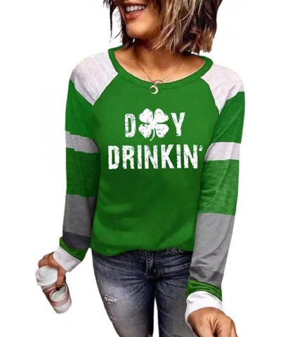 St. Patricks Day Shirts Women Funny Plaid Leopard Shamrock Graphic T-Shirt Vintage Color Block Splicing Long Sleeve Tops Gree...