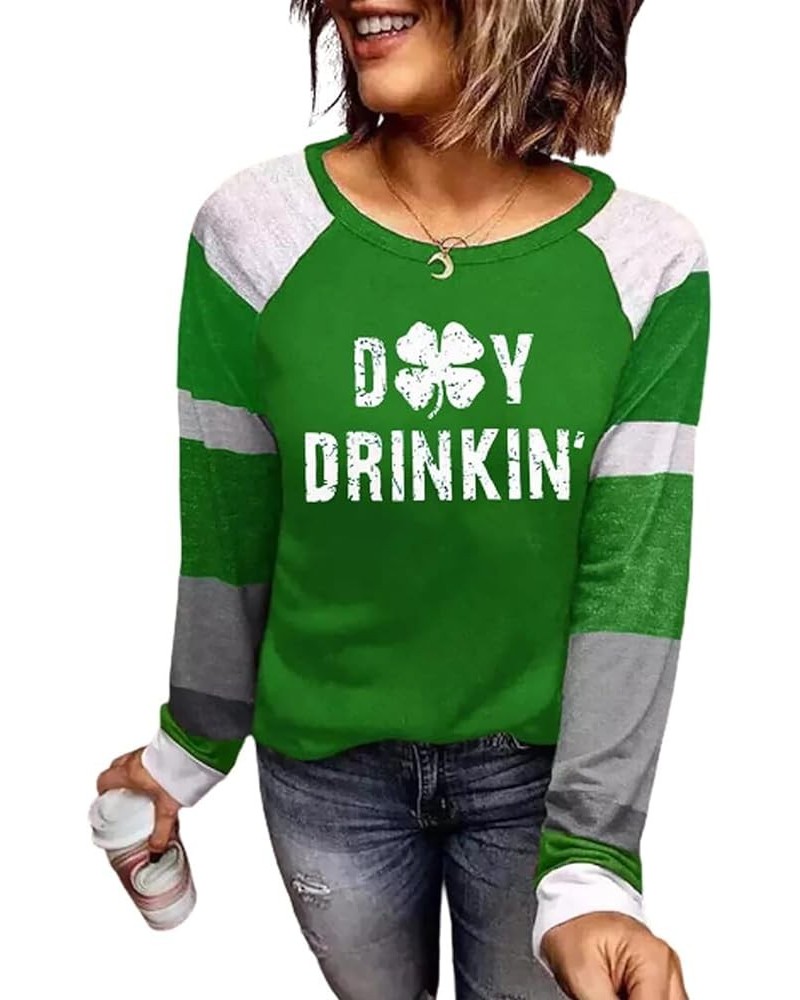 St. Patricks Day Shirts Women Funny Plaid Leopard Shamrock Graphic T-Shirt Vintage Color Block Splicing Long Sleeve Tops Gree...