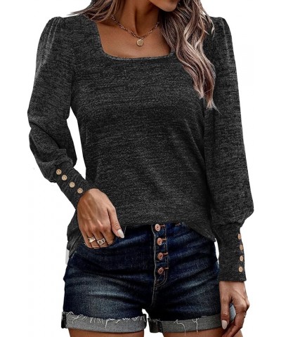 Womens Long Sleeve Tops Square Neck Casual Blouses Puff Sleeve Tunic Button Down Shirts Bh3 Black $12.99 Tops