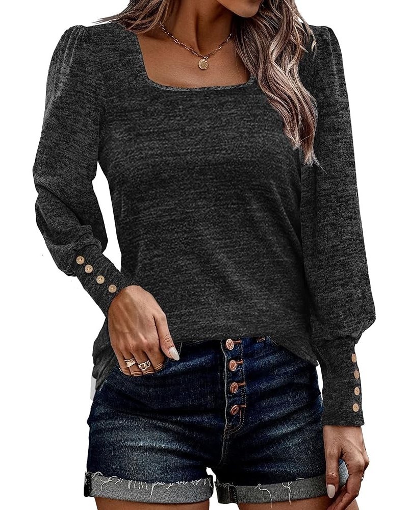 Womens Long Sleeve Tops Square Neck Casual Blouses Puff Sleeve Tunic Button Down Shirts Bh3 Black $12.99 Tops