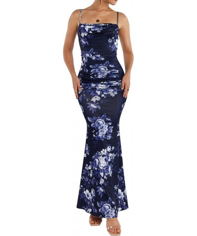 Women's Sleeveless Bodycon Corset Maxi Dress Spaghetti Strap Ruched Elegant Evening Party Long Dresses Navy Print $24.19 Dresses