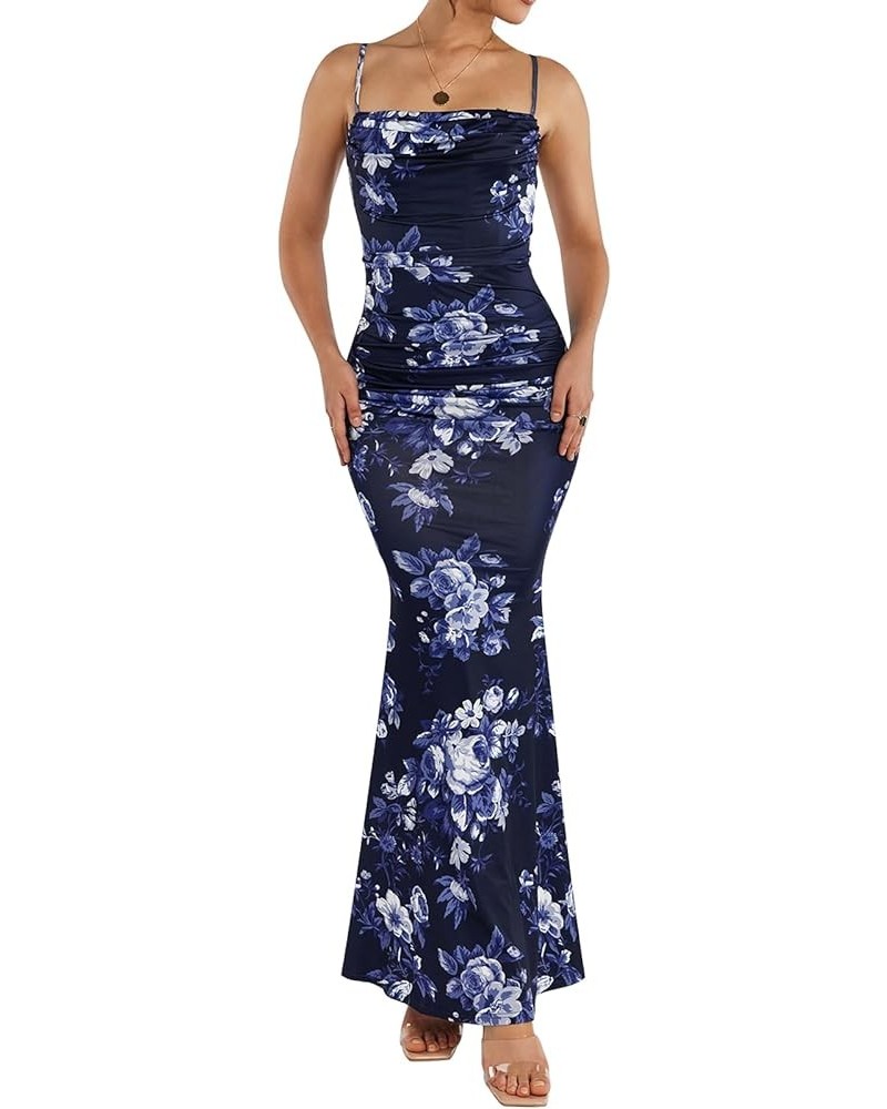 Women's Sleeveless Bodycon Corset Maxi Dress Spaghetti Strap Ruched Elegant Evening Party Long Dresses Navy Print $24.19 Dresses